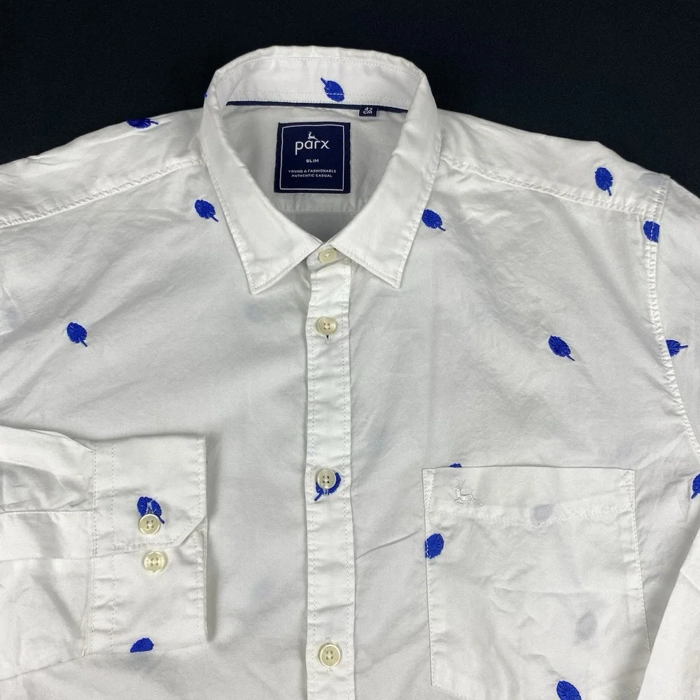 PARX Shirt Mens Large (42 cm) White w/Blue Leaf Embroidery Slim Fit NWT!